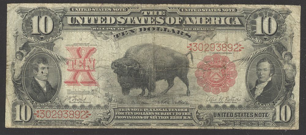 Fr.114, 1901 $10 Legal Tender "Bison" Note, Lyons-Roberts, 30293892, Fine